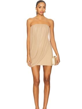 superdown Strapless Drape Mini Dress in Beige
